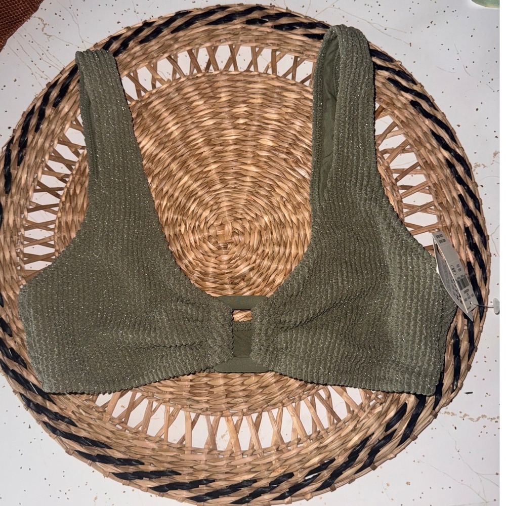 Aerie Real Good Scoop Bikini Top Olive Green Textured Metallic Crinkle Small NWT